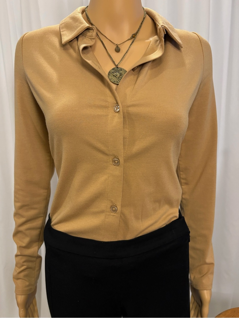 Open Edit Camel Knit Long-Sleeve Button-Up Shirt - Size M